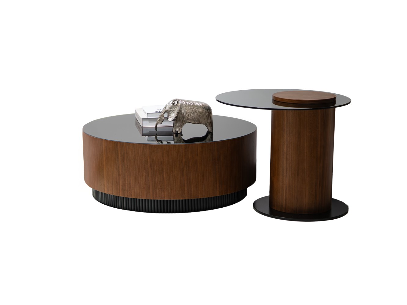 683 - 684 Walnut Black Glass Set Of 2