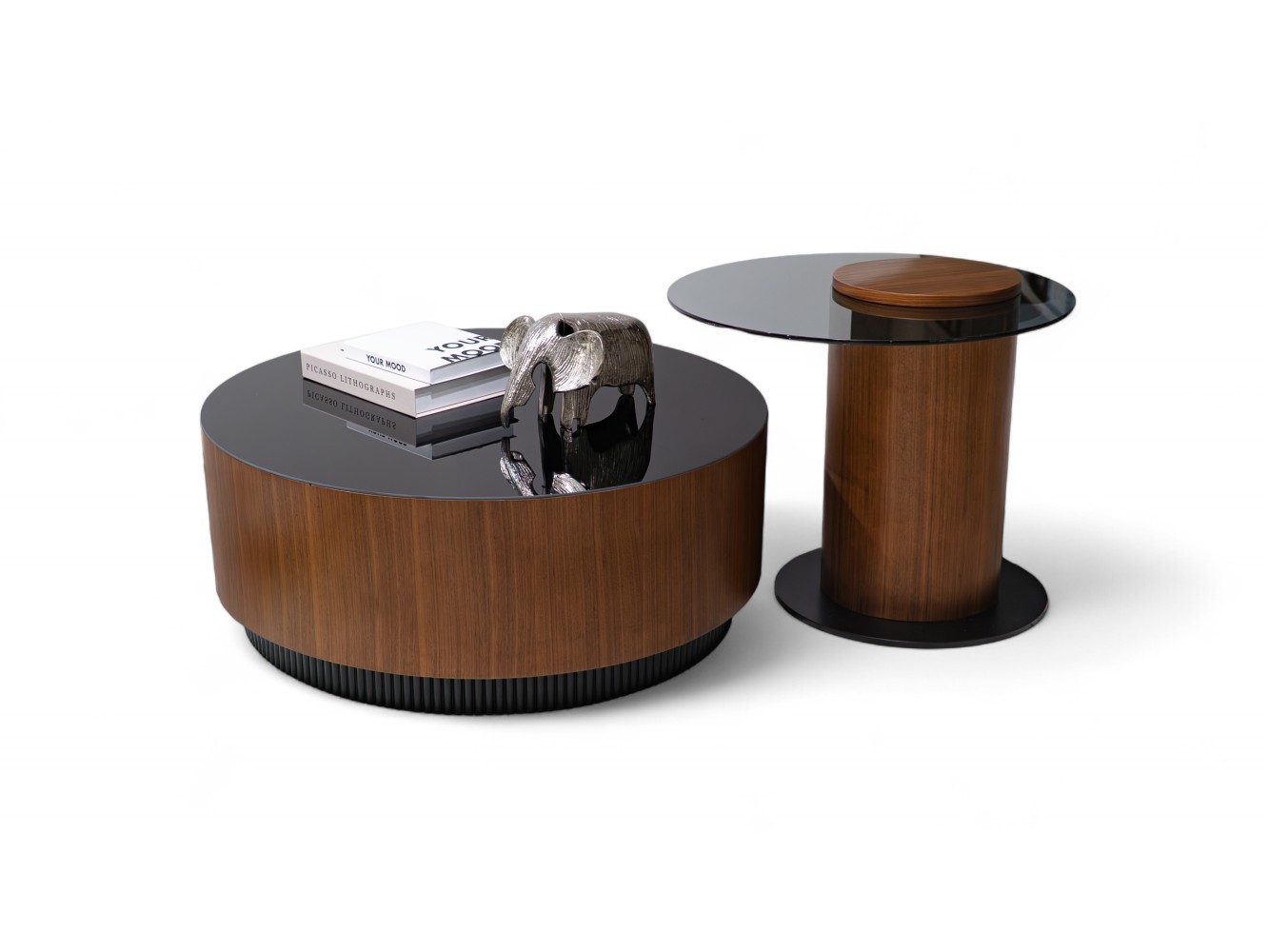 683 - 684 Walnut Black Glass Set Of 2