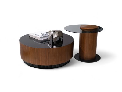 683 - 684 Walnut Black Glass Set Of 2